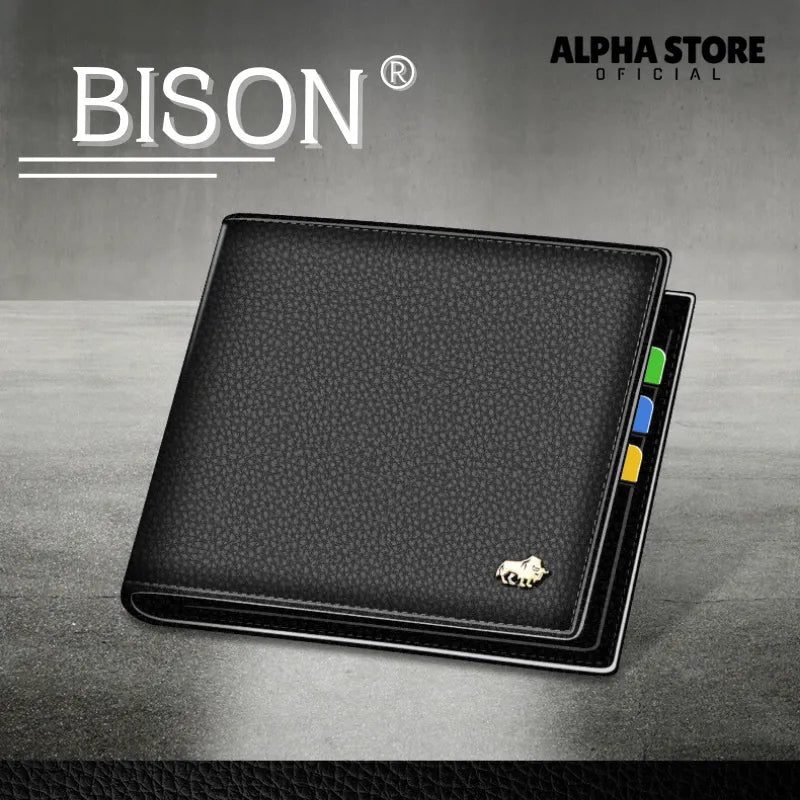 Bison® - Carteira de Couro Genuíno Luxo, com zíper, porta moeda.